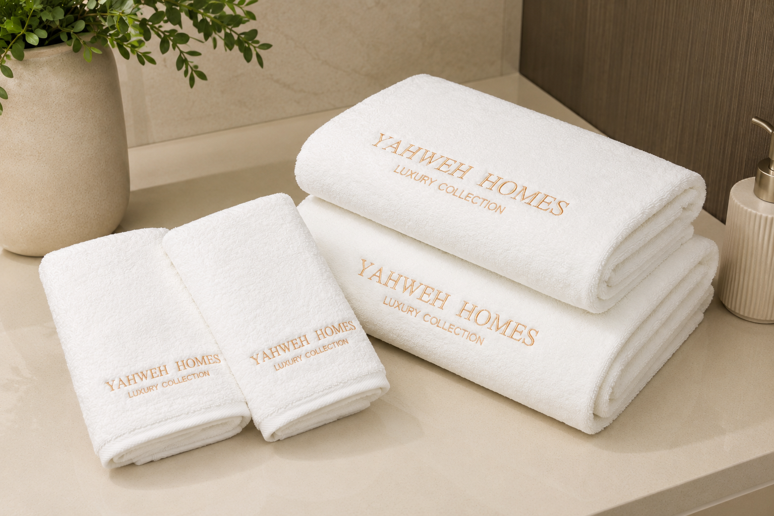White towels with 'Yahweh Homes' branding on a bathroom counter.