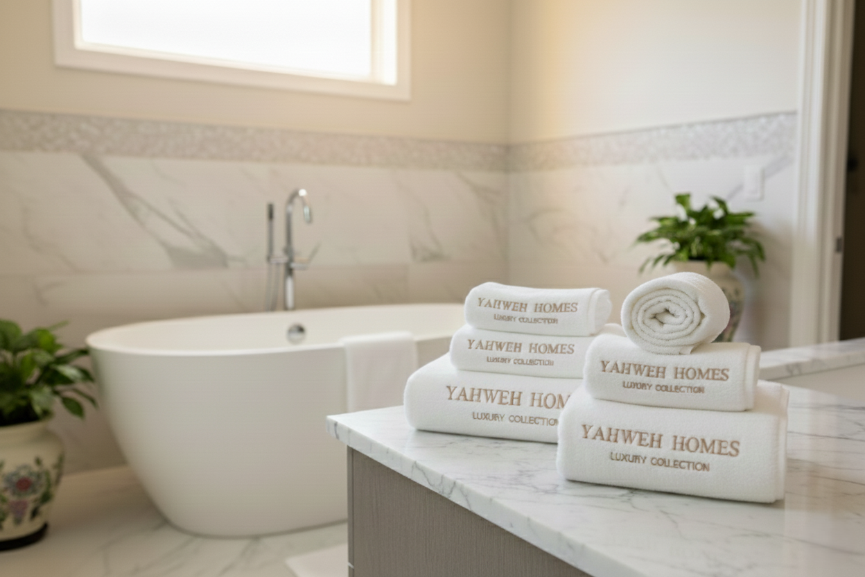 Bath towels with 'Yahweh Homes' branding on a bathroom counter.
