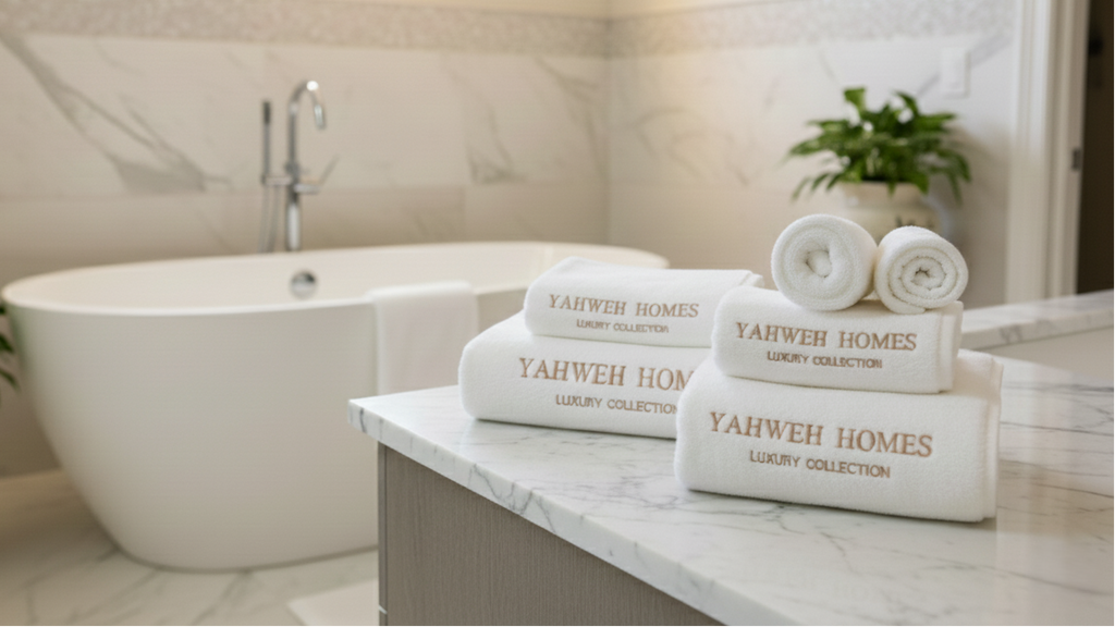 Bathroom setting with towels and bath products on a counter, featuring 'Yahweh Homes' branding.