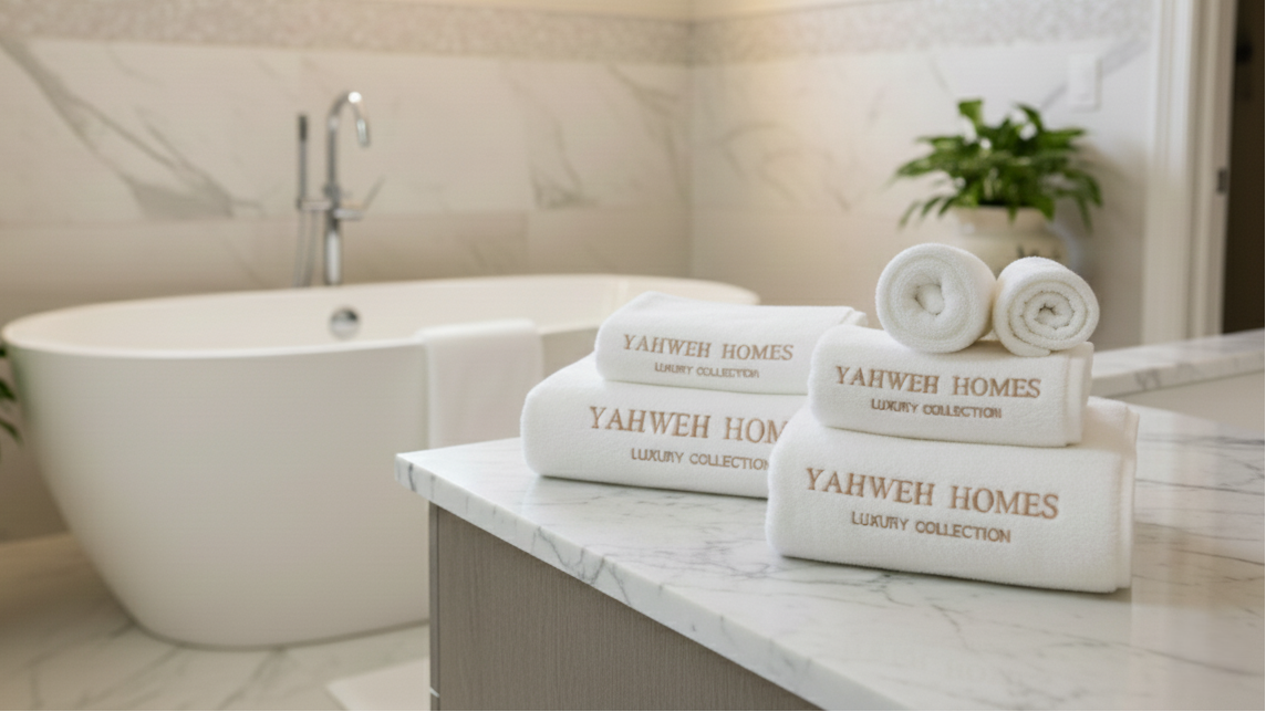 Bathroom setting with towels and bath products on a counter, featuring 'Yahweh Homes' branding.