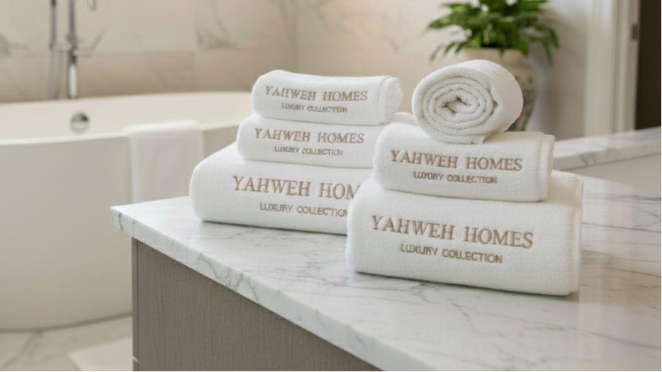 Bath towels with 'Yahweh Homes' branding on a bathroom counter.