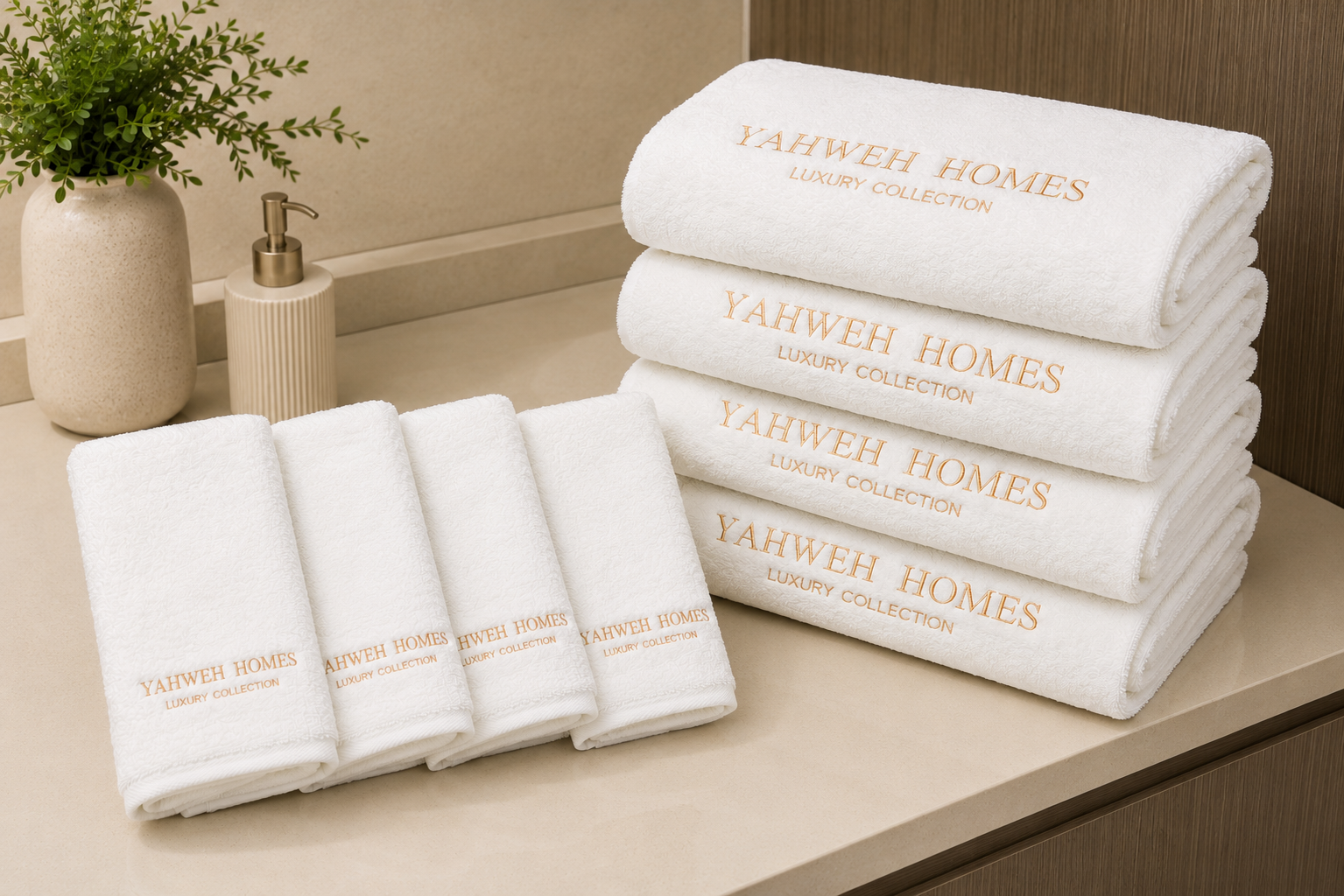8 piece white towel set with 'Yahweh Homes' branding on a wooden surface.