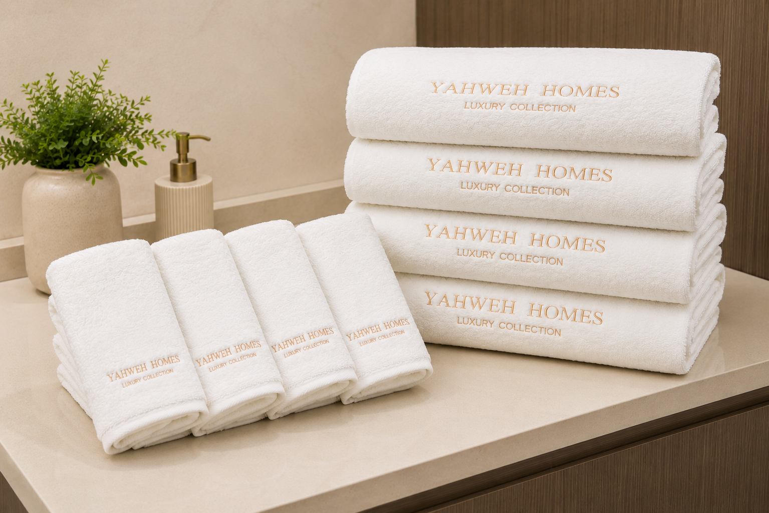 8 piece white towel set with 'Yahweh Homes' branding on a wooden surface.