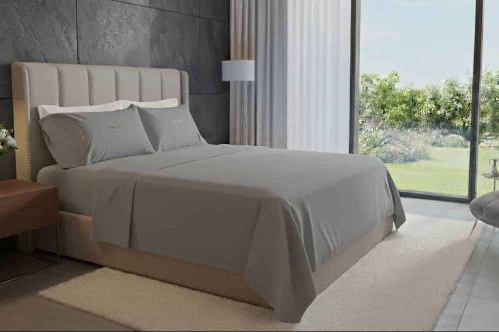 100% organic cotton twin bedsheet set in soft grey for all-season comfort.