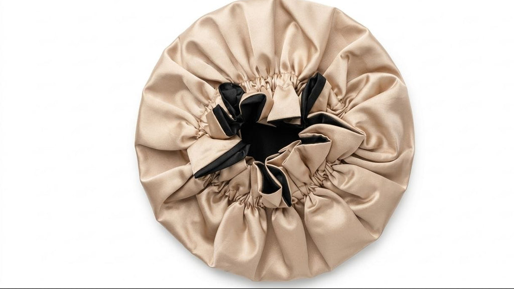 Beige satin hair cap with black interior on a white background