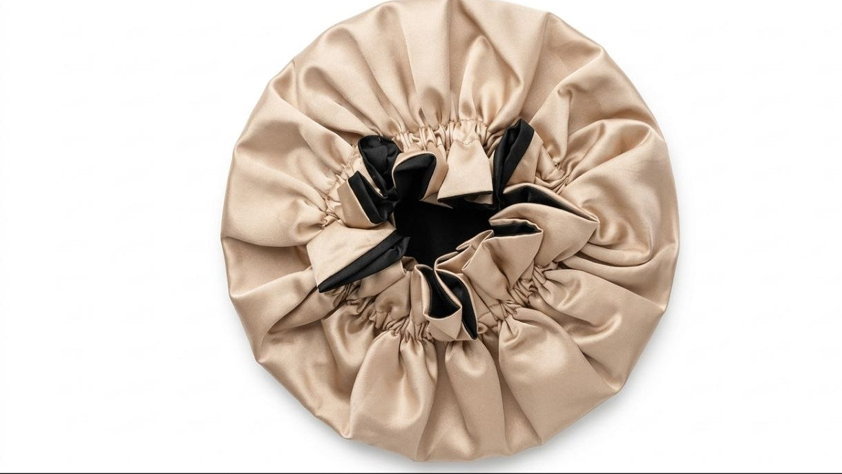 Beige satin hair cap with black interior on a white background
