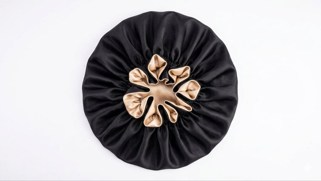 Black satin Hair Bonnet  with a beige interior on a white background