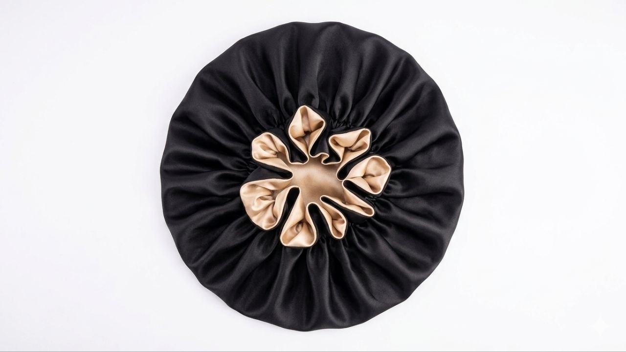 Black satin Hair Bonnet  with a beige interior on a white background