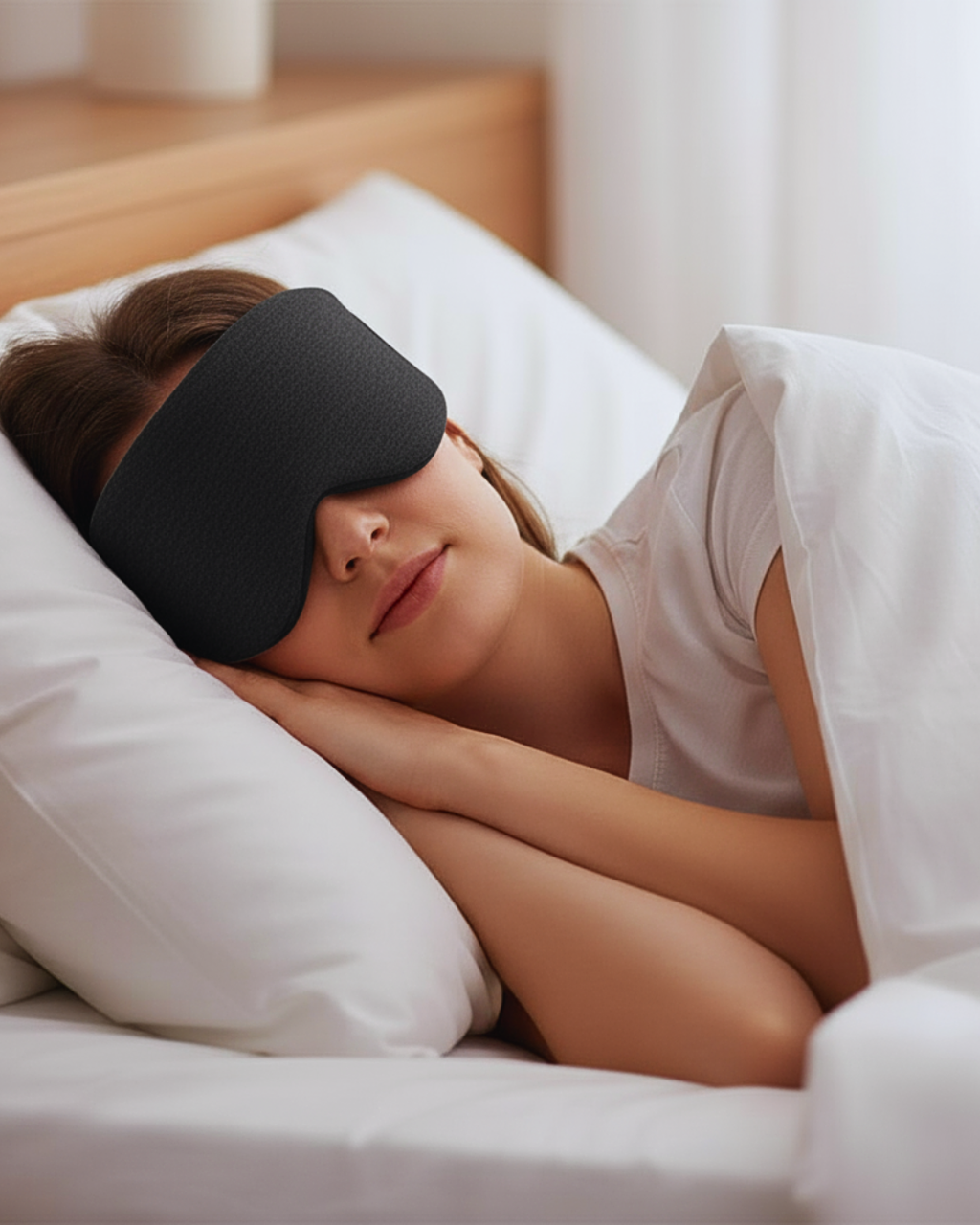 Person lying in bed wearing a black sleep mask