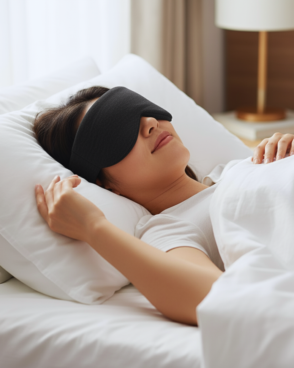 Person lying in bed wearing a black sleep mask in a cozy bedroom setting.