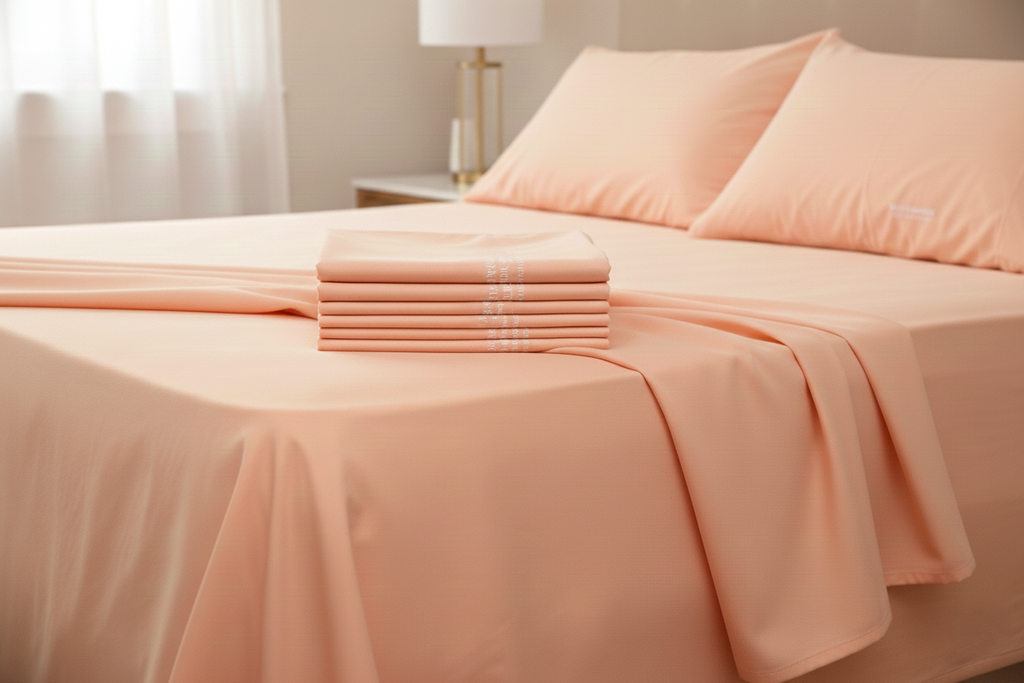 100% organic cotton queen size bedsheets in light pink for gentle, breathable sleep.