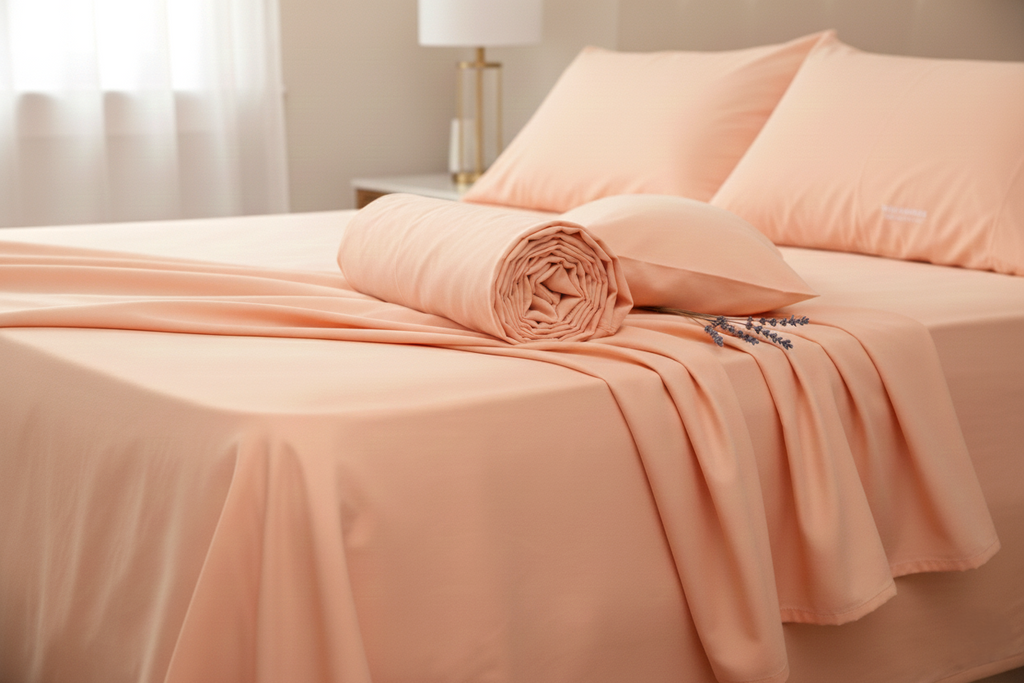 100% organic cotton twin bedsheet set in light pink with elegant texture.