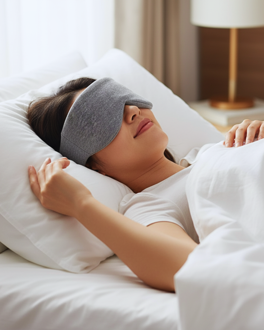 Person wearing a gray sleep mask lying in bed with white pillows and sheets.