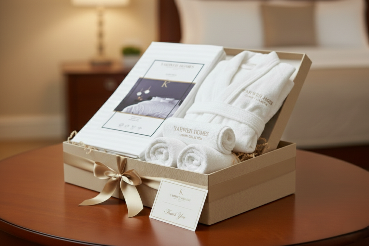 White Bedsheet, bathrobe and towels in a gift box with a ribbon on a wooden table.