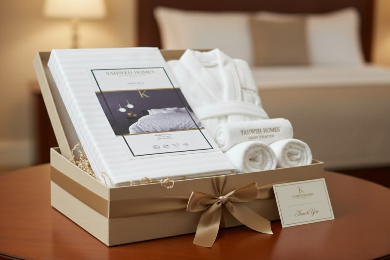 White Bedsheet, bathrobe and towels in a gift box with a ribbon on a wooden table.