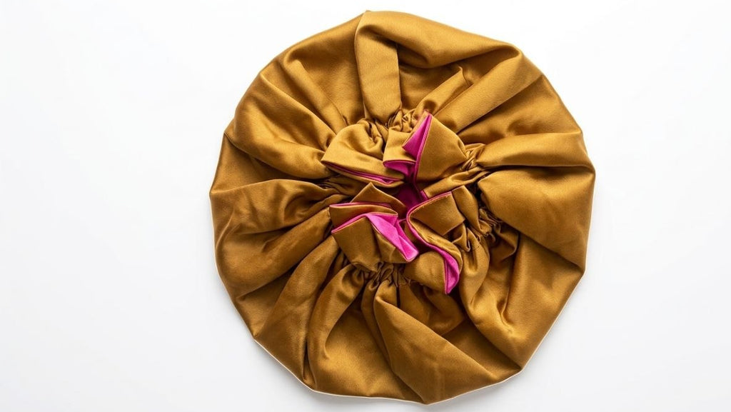 Gold Satin Hair Bonnet with pink interior on a white background