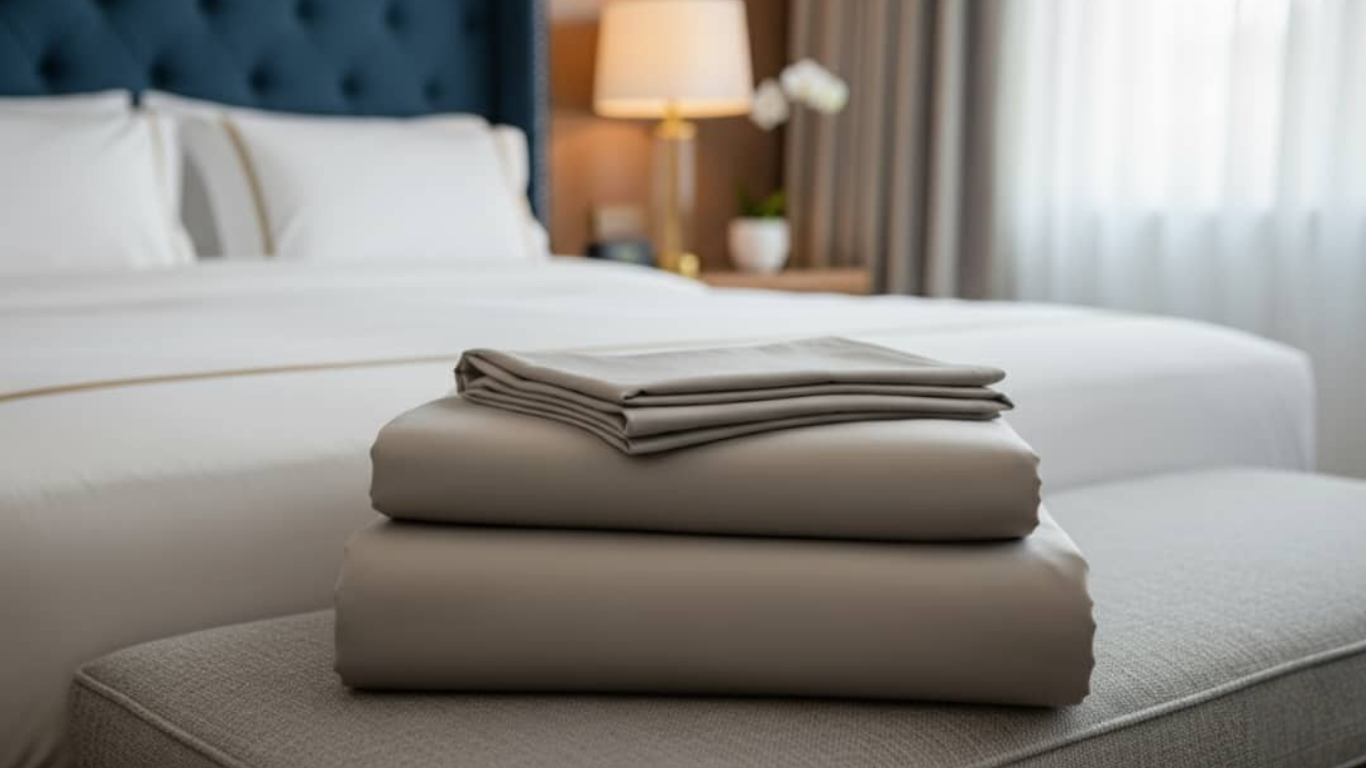 Stack of Grey Sheets folded sheets on a bed in a bedroom setting