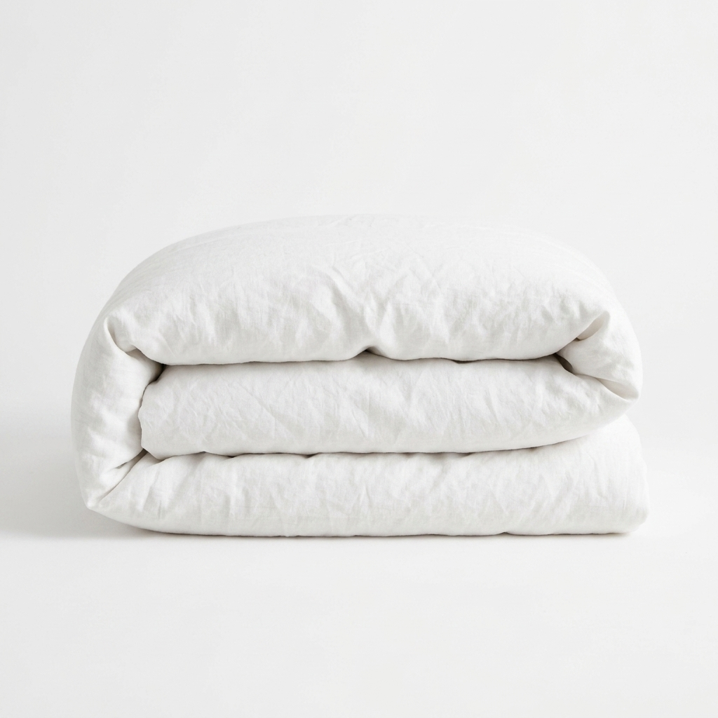 A folded white cotton duvet cover or comforter set, neatly stacked on a seamless white studio background.