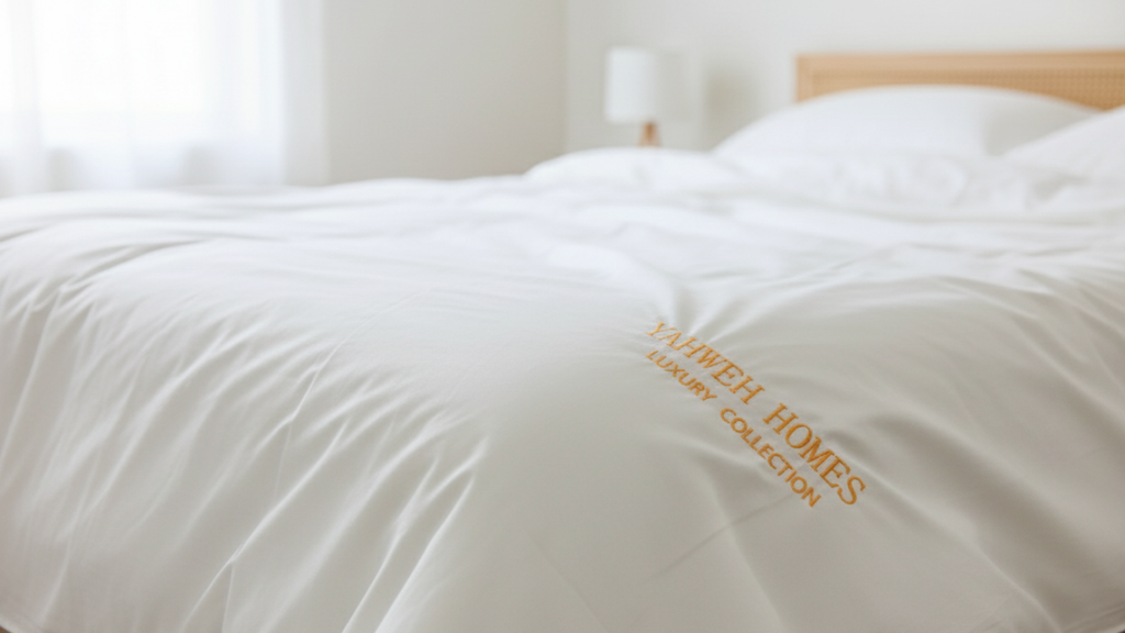 White duvet Cover with 'YAHWEH HOMES' branding on a bed in a bedroom setting.