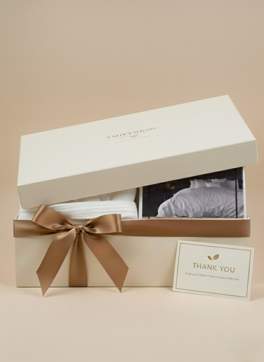 Gift box containing a robe and bedsheets as well as a 'THANK YOU' card on a beige background