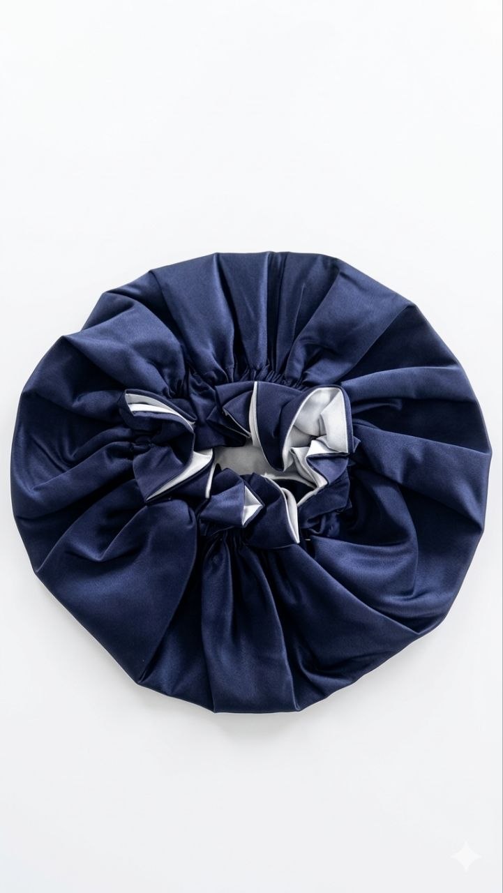 Navy blue satin hair Bonnet on a white background