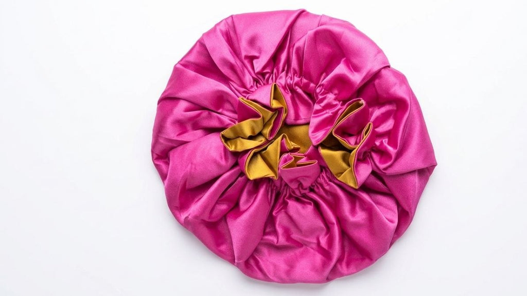 Pink satin hair bun cover with gold interior on a white background