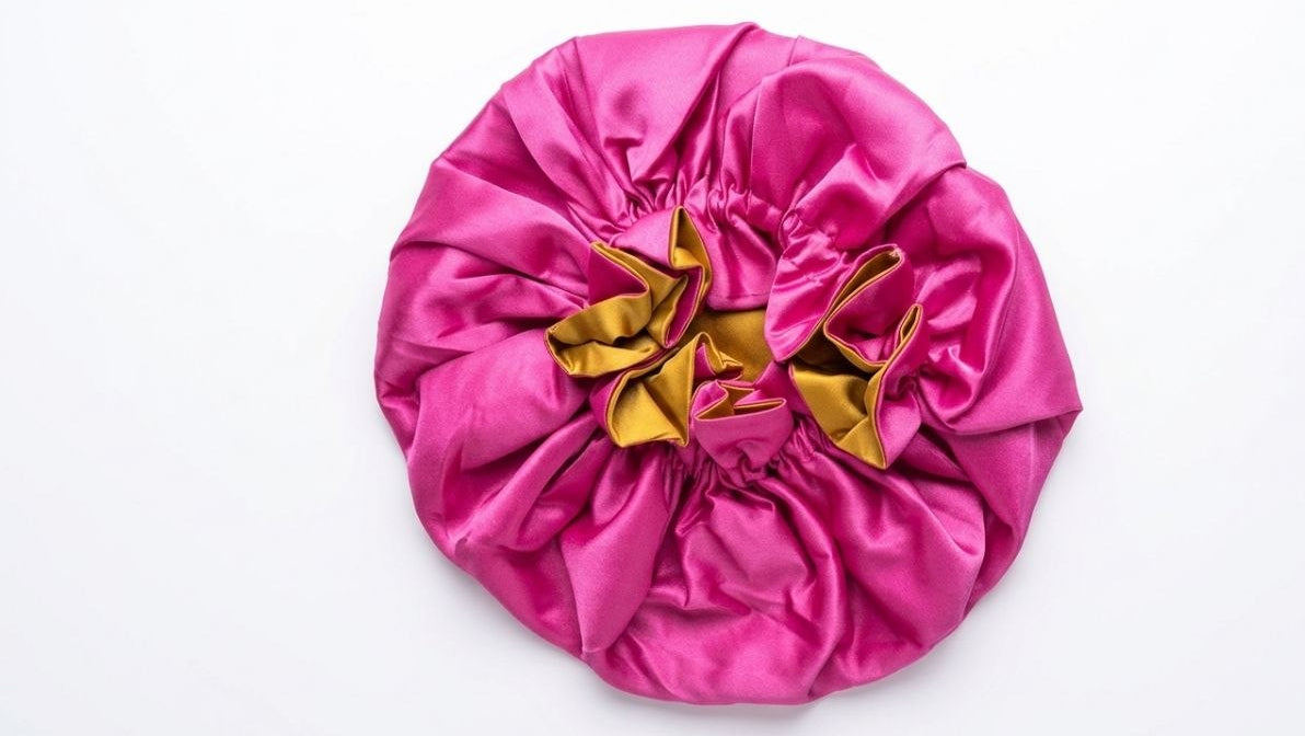 Pink satin hair bun cover with gold interior on a white background