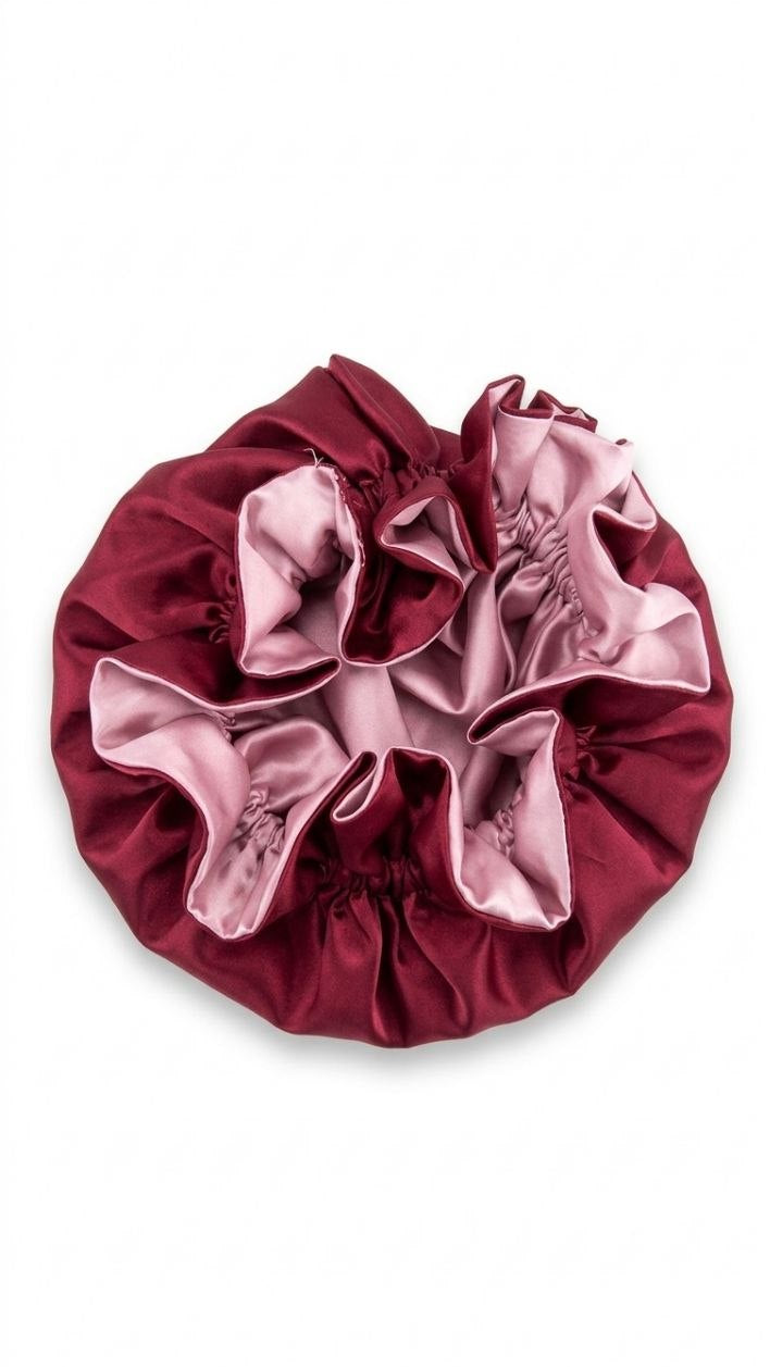 Red satin hair bonnet with pink interior on a white background