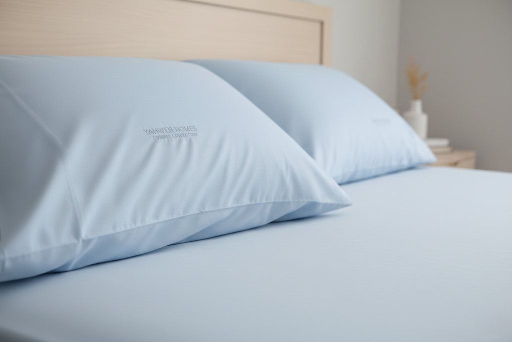 Luxury Queen Size 100% organic cotton bedsheets in soft light blue for calm, restful nights