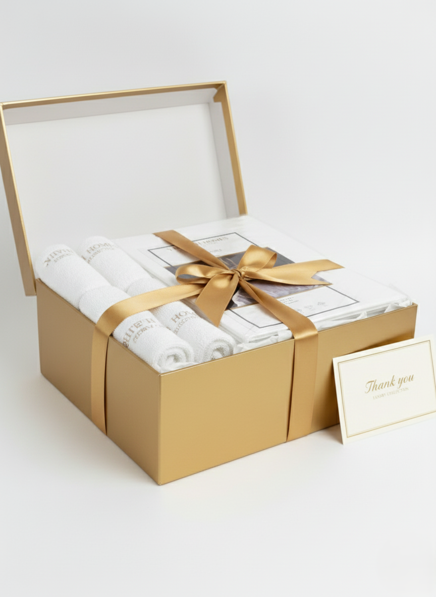 Gift set with towels, bedsheet, and a card in a gold box on a white background