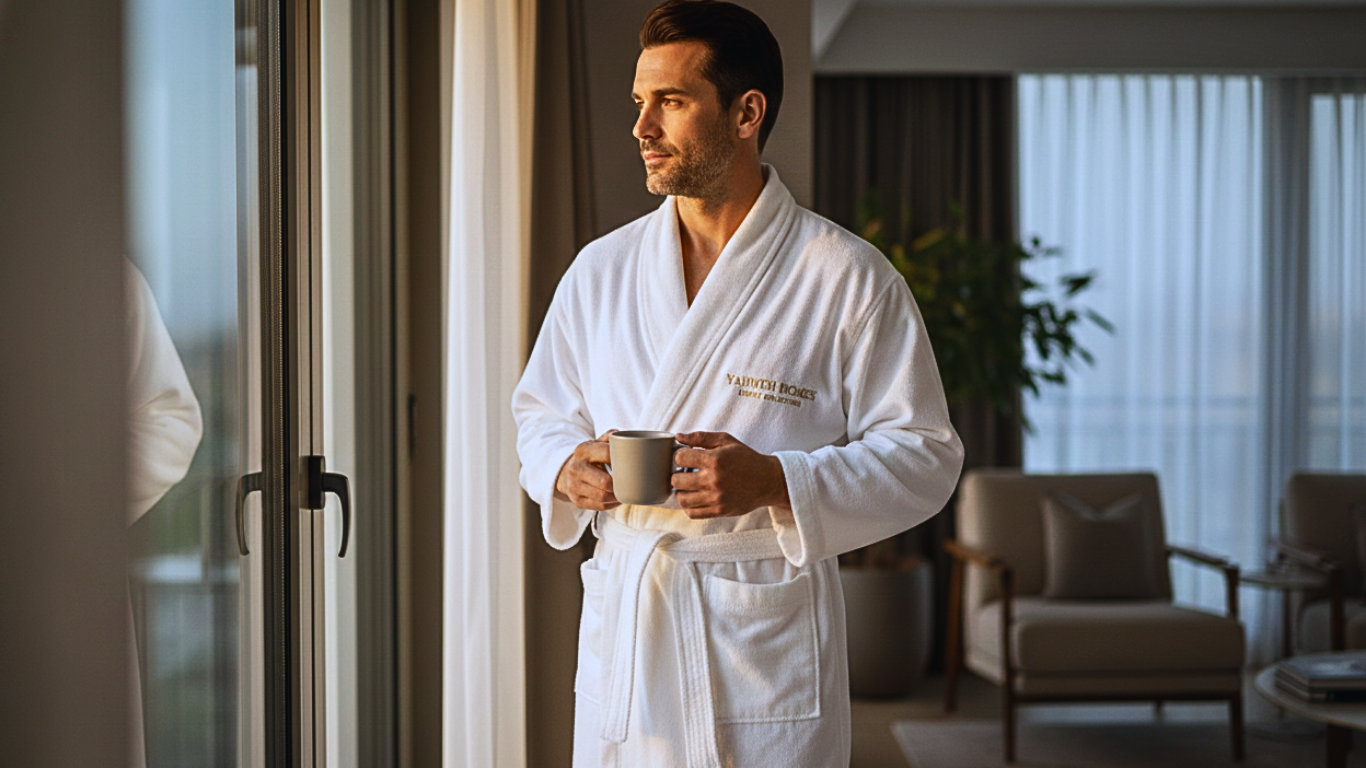 Premium Yahweh Homes robe with long sleeves and waist tie, offering softness, warmth, and timeless design.