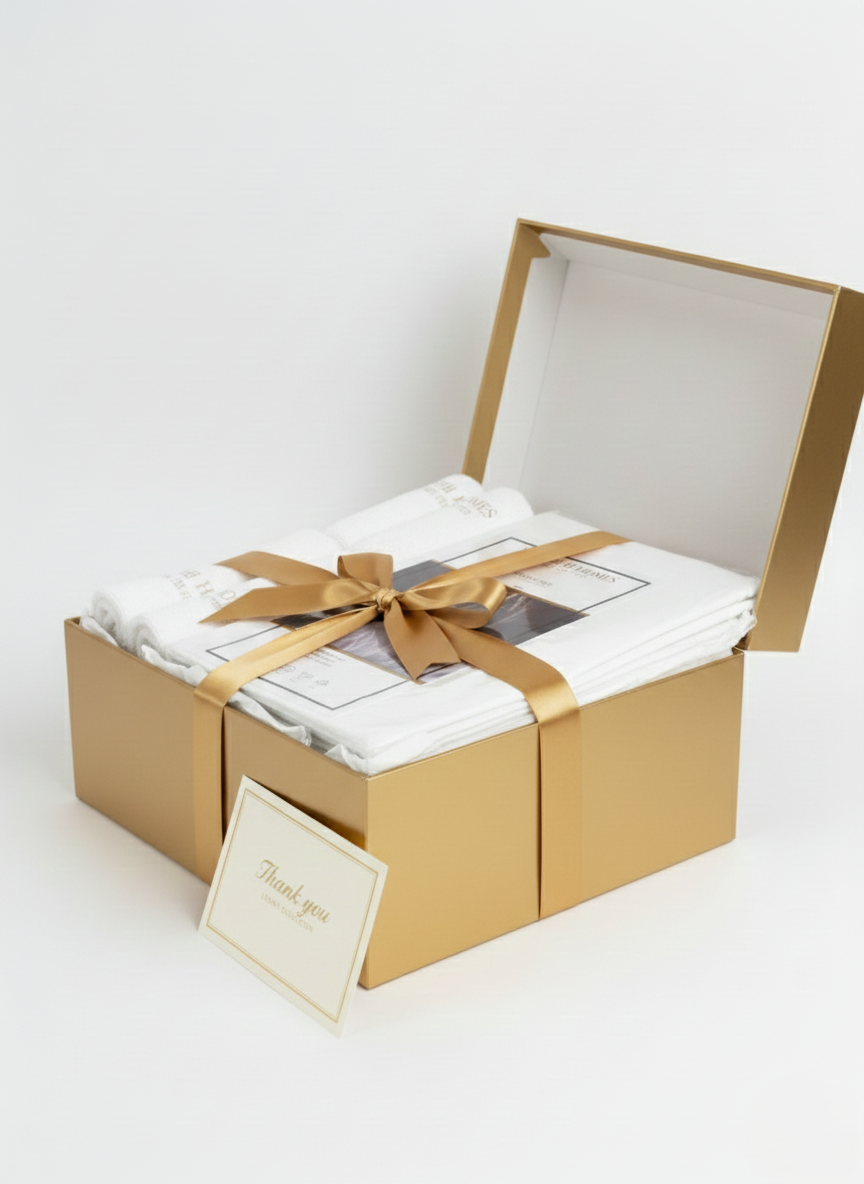 Gift set with towels, bedsheet, and a card in a gold box on a white background