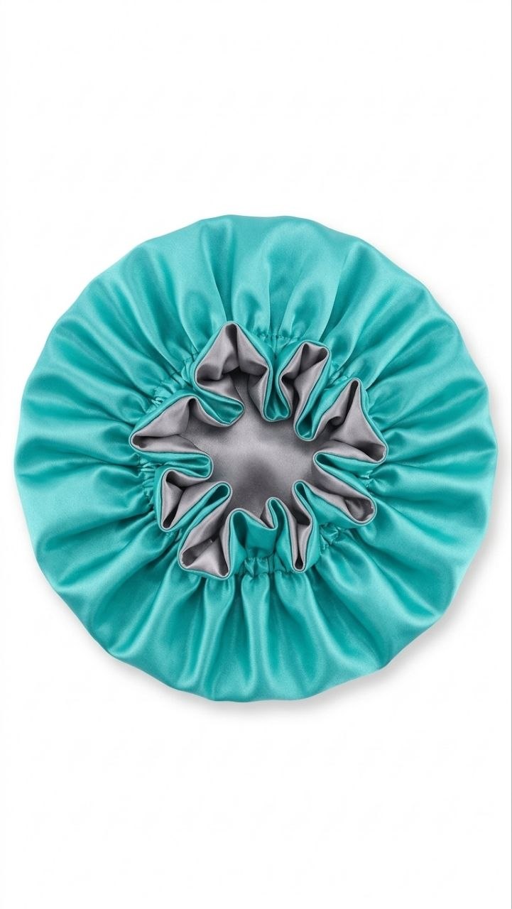 Turquoise satin hair bonnet with a silver interior on a white background 