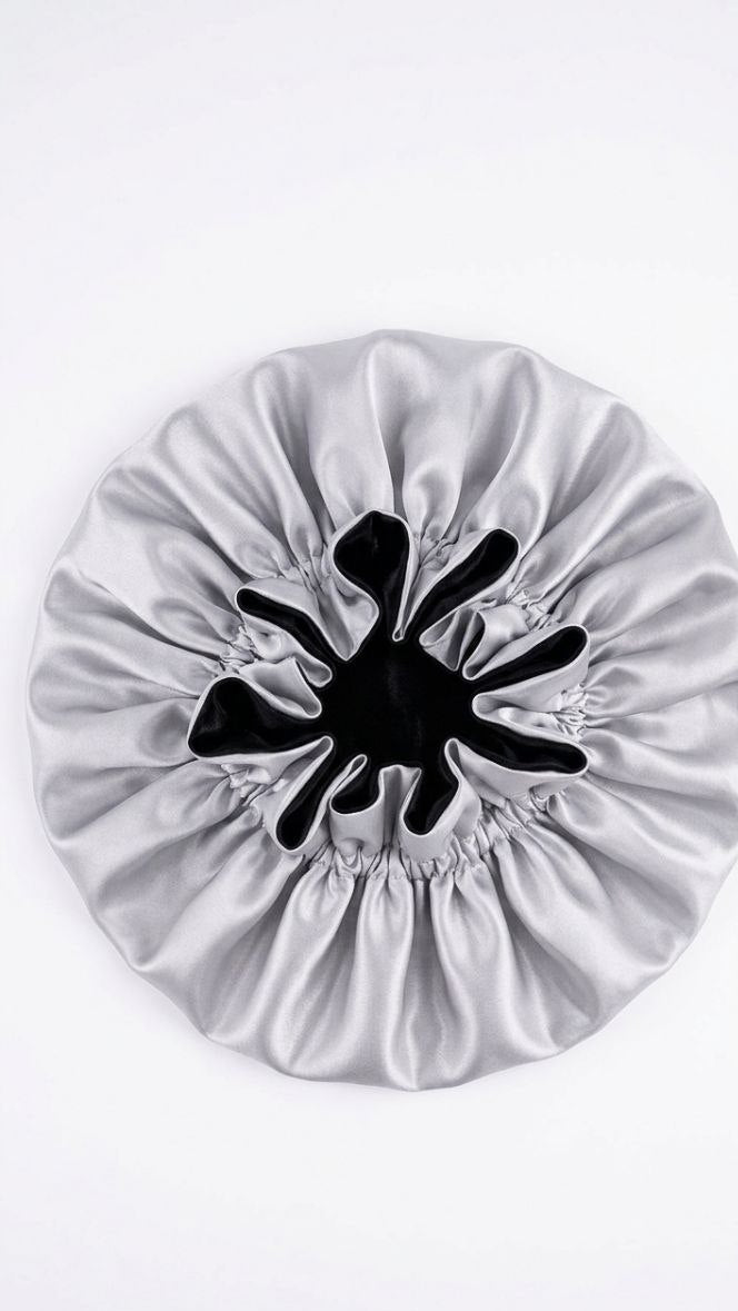 White Satin Hair Bonnet with black interior on a white background