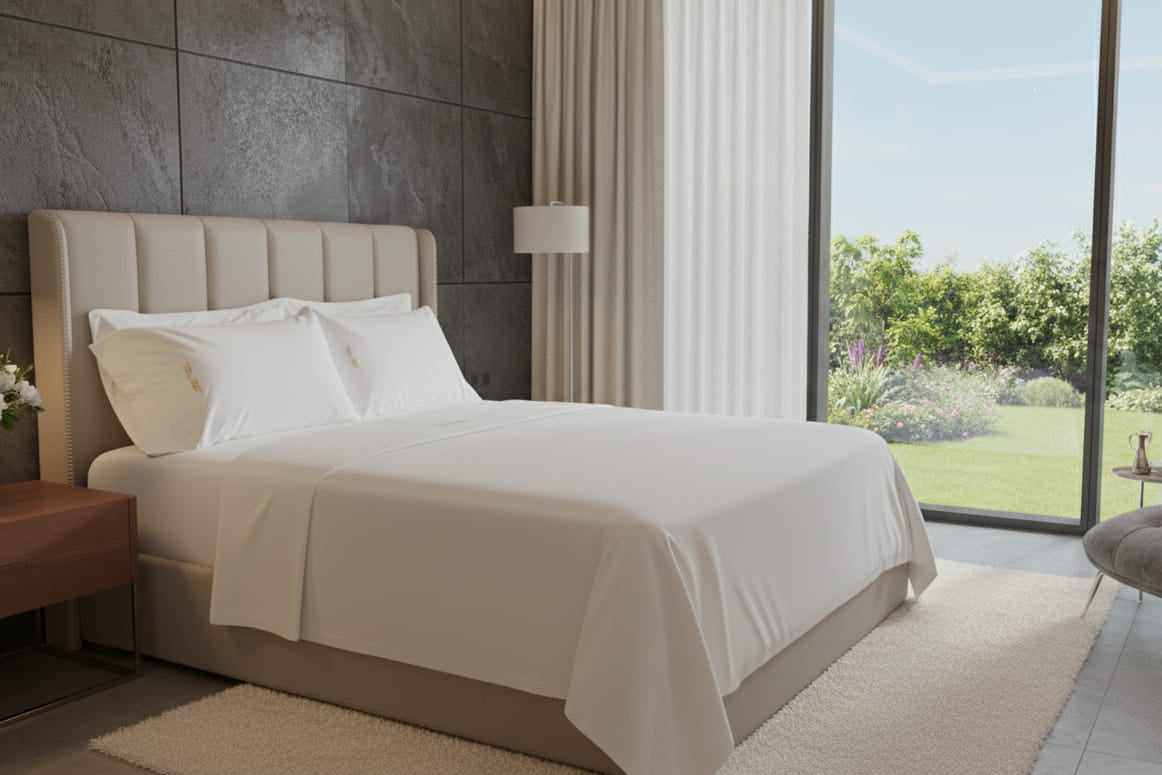 Modern bedroom with a large bed, covered with white sheets