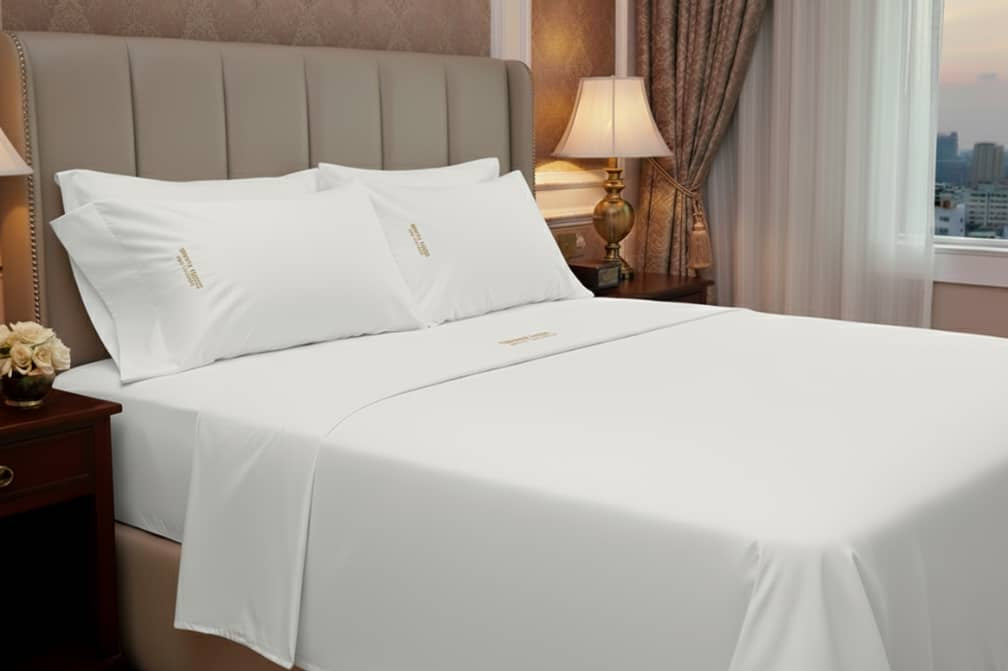 White bed sheets and pillows on a bed in a well-decorated bedroom with city view.