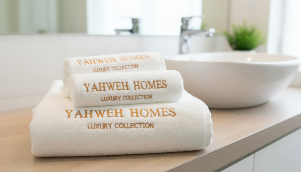 Yahweh Homes luxury collection towels on a bathroom counter