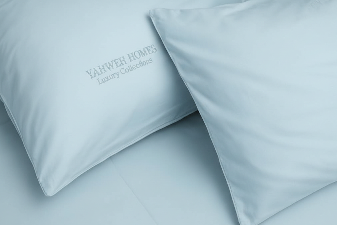 Two light blue pillows on a matching fabric background with 'Yarwen Homes' branding.